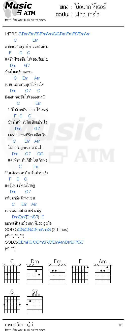 คอร์ดเพลง ไม่อยากให้เธอรู้  - นิโคล เทริโอ | คอร์ดเพลงใหม่