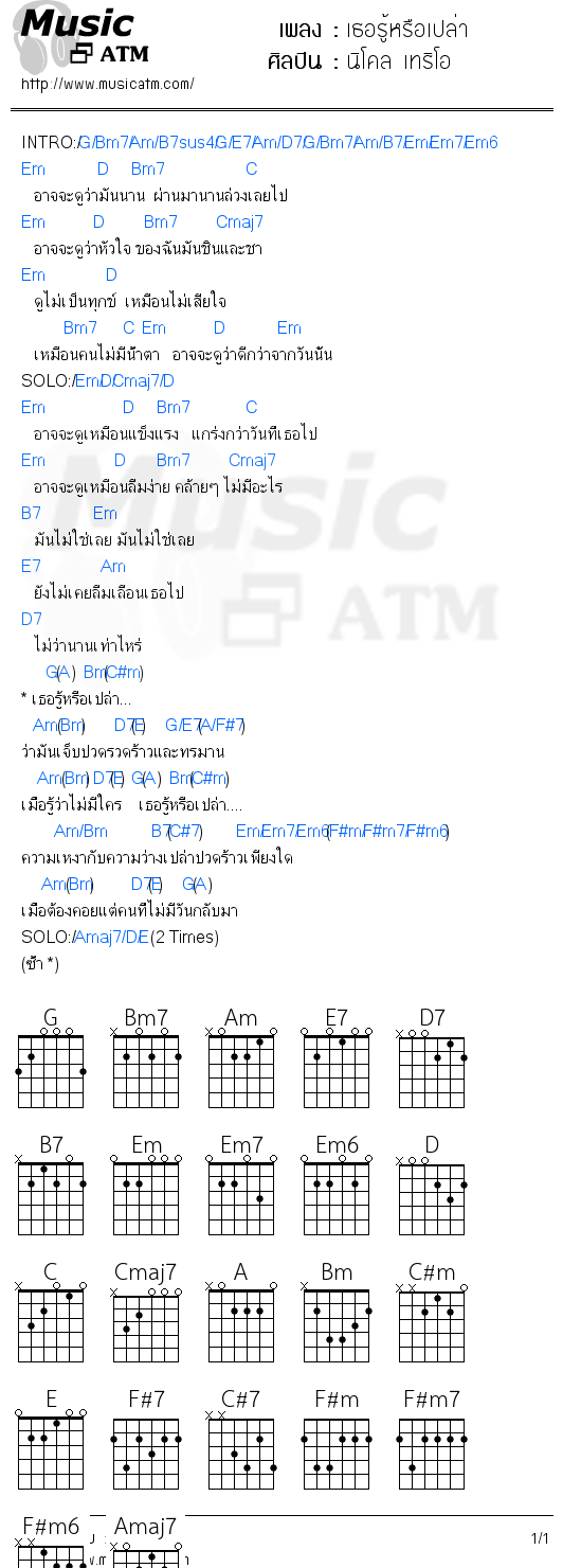 คอร์ดเพลง เธอรู้หรือเปล่า 