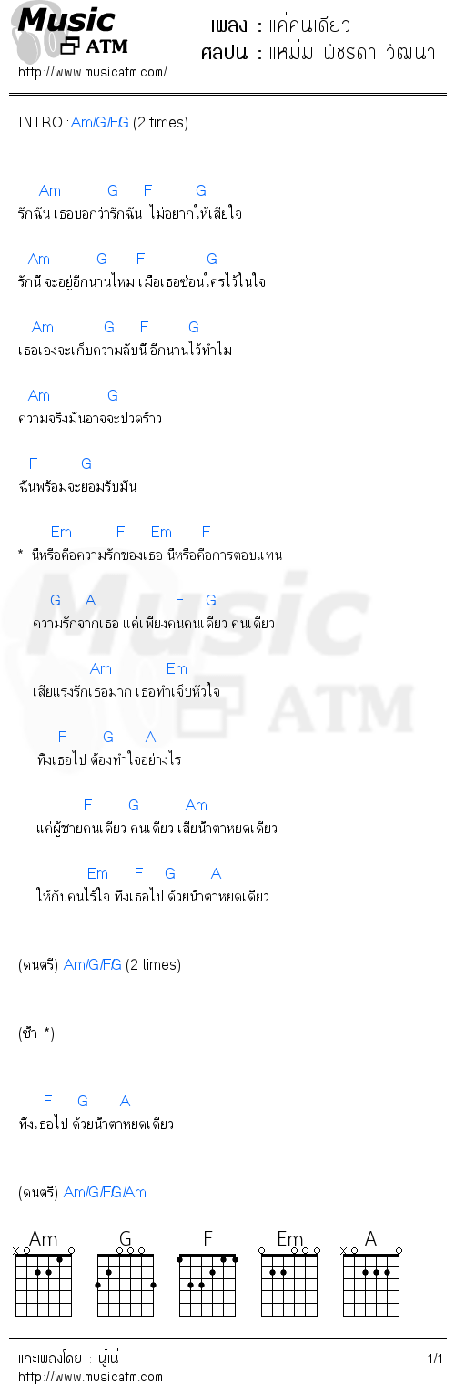 คอร์ดเพลง แค่คนเดียว