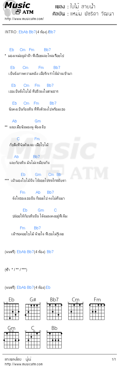 คอร์ดเพลง ใบไม้ สายน้ำ - แหม่ม พัชริดา วัฒนา | คอร์ดเพลงใหม่