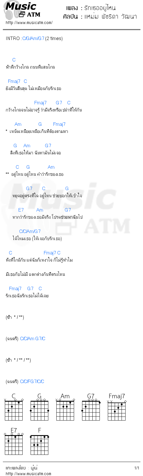 คอร์ดเพลง รักเธออยู่ไหน