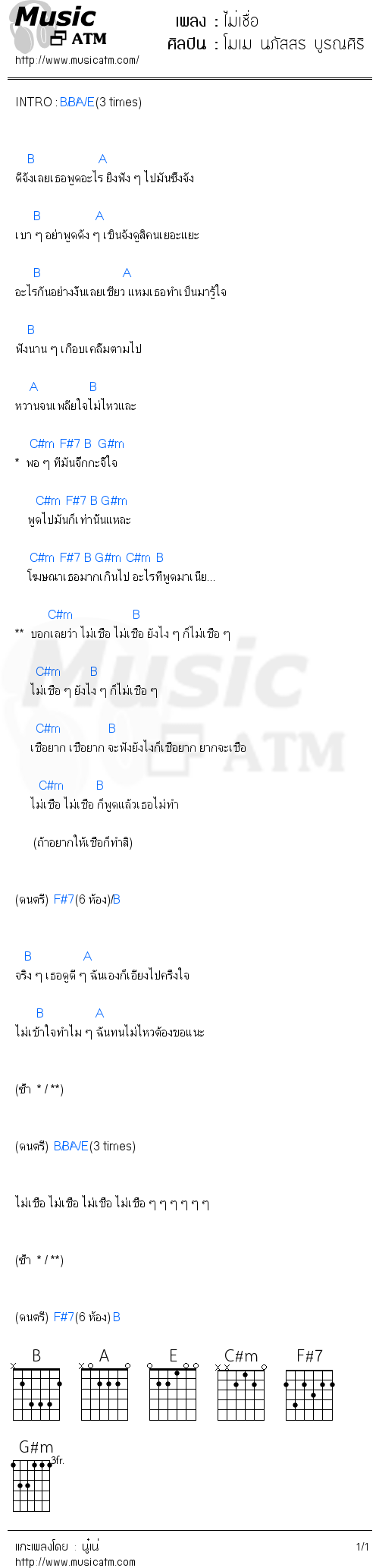 คอร์ดเพลง ไม่เชื่อ - โมเม นภัสสร บูรณศิริ | คอร์ดเพลงใหม่