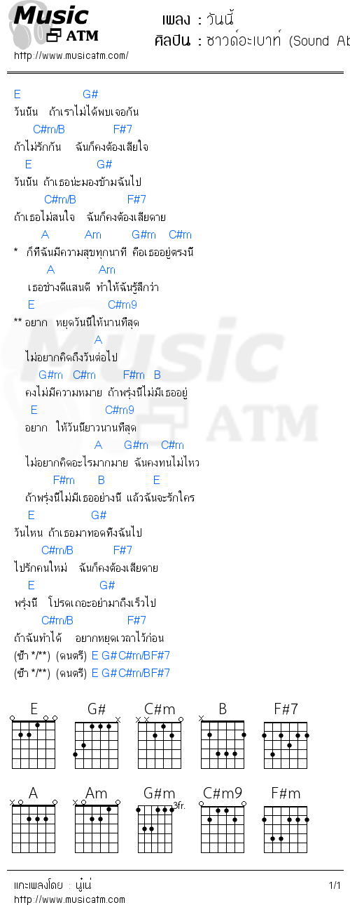 คอร์ดเพลง วันนี้ - ซาวด์อะเบาท์ (Sound About) | คอร์ดเพลงใหม่