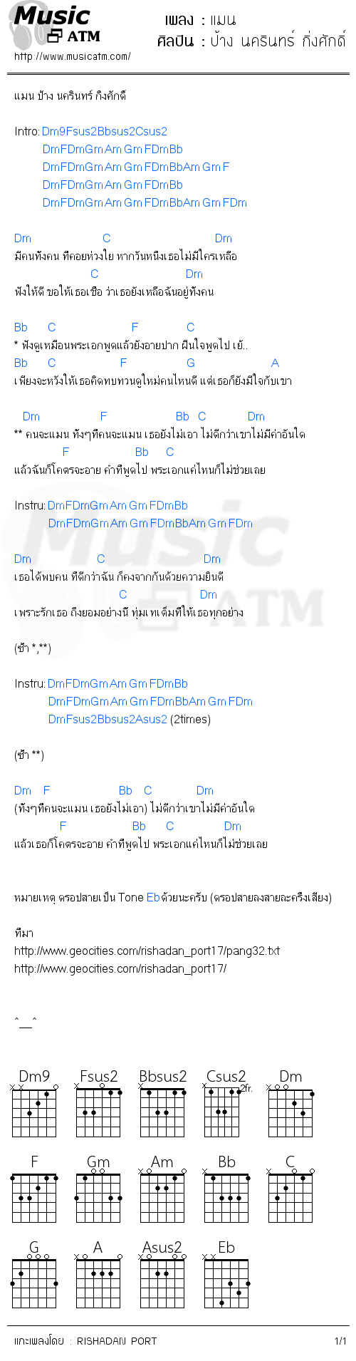 คอร์ดเพลง แมน - ป้าง นครินทร์ กิ่งศักดิ์ | คอร์ดเพลงใหม่