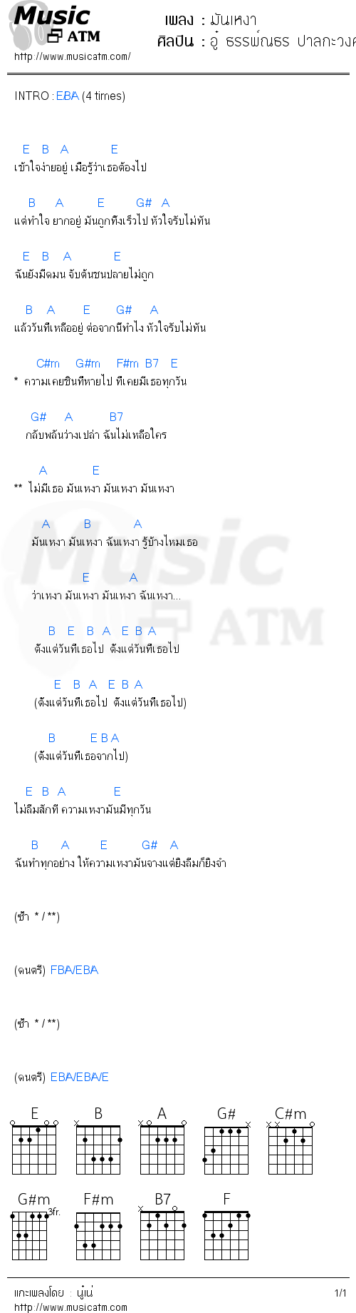 คอร์ดเพลง มันเหงา