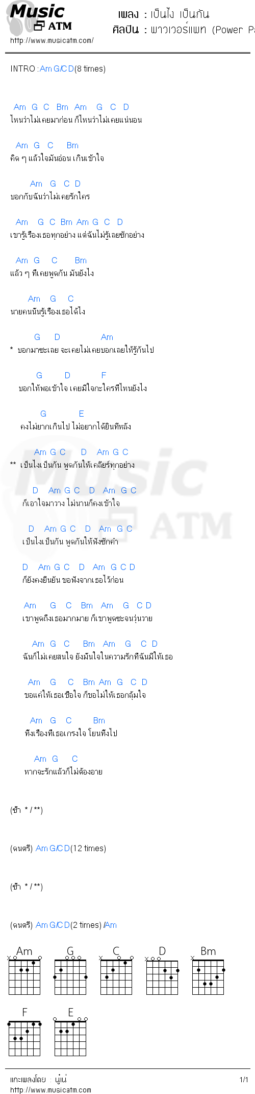 คอร์ดเพลง เป็นไง เป็นกัน