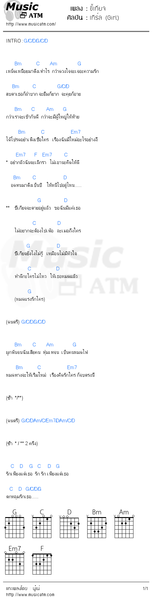 คอร์ดเพลง ขี้เกียจ