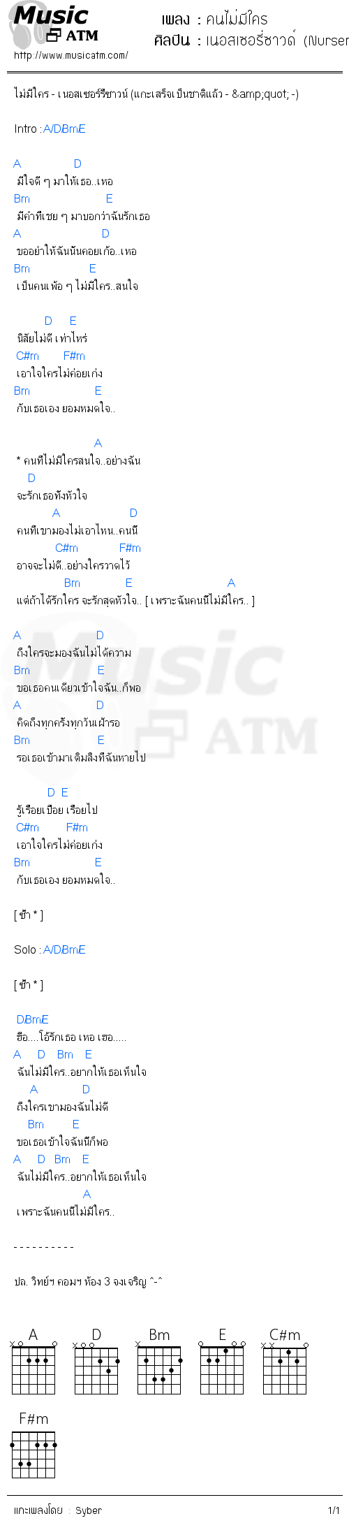 คอร์ดเพลง คนไม่มีใคร