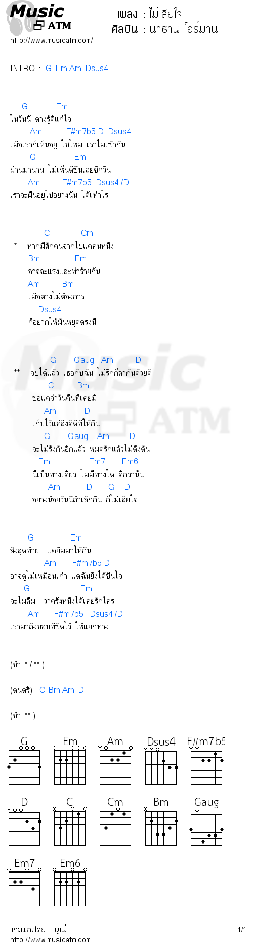 คอร์ดเพลง ไม่เสียใจ