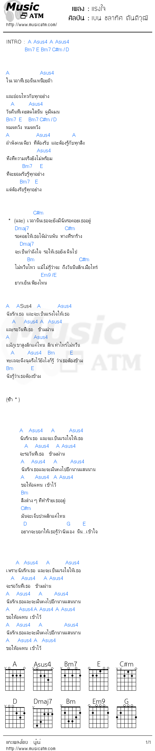 คอร์ดเพลง แรงใจ - เบน ชลาทิศ ตันติวุฒิ | คอร์ดเพลงใหม่