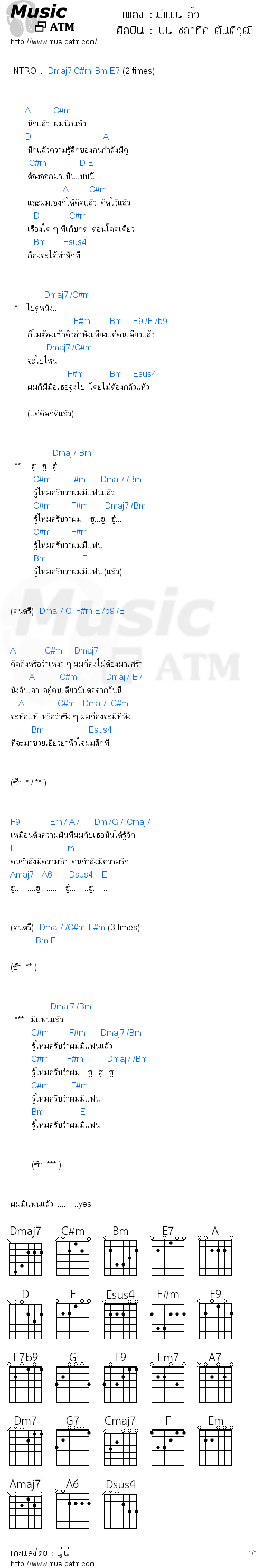 คอร์ดเพลง มีแฟนแล้ว - เบน ชลาทิศ ตันติวุฒิ | คอร์ดเพลงใหม่