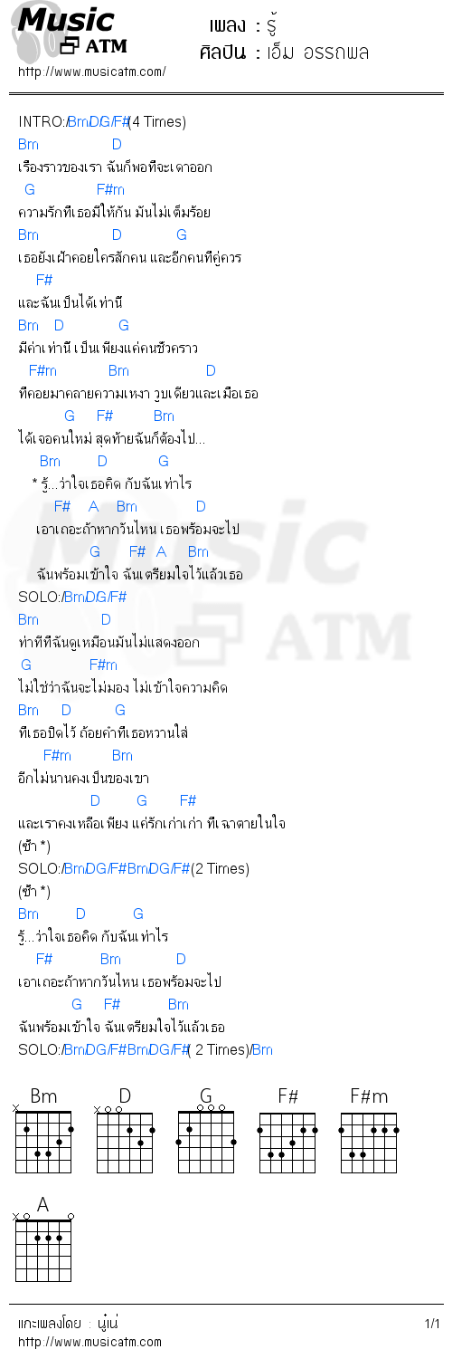 คอร์ดเพลง รู้  - เอ็ม อรรถพล | คอร์ดเพลงใหม่