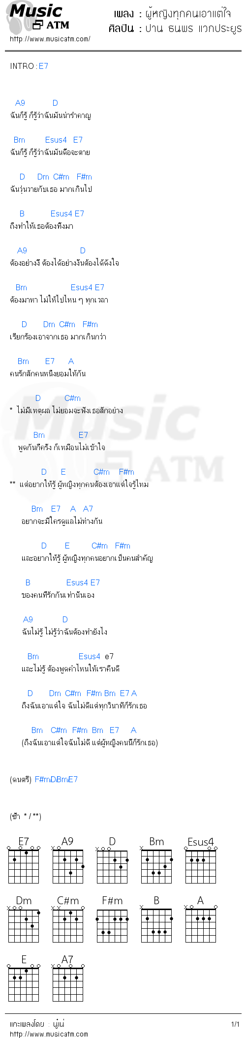 คอร์ดเพลง ผู้หญิงทุกคนเอาแต่ใจ