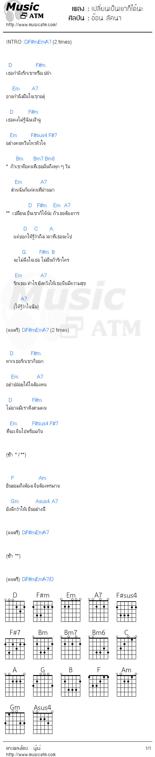 คอร์ดเพลง เปลี่ยนเป็นเขาก็ได้นะ - อ้อน ลัคนา | คอร์ดเพลงใหม่