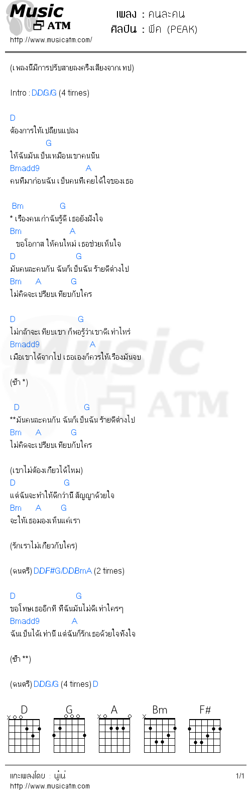 คอร์ดเพลง คนละคน - พีค (PEAK) | คอร์ดเพลงใหม่