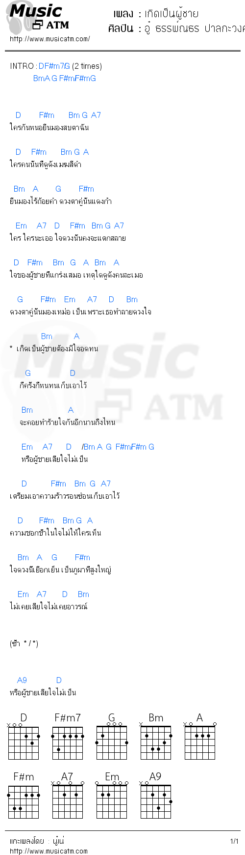 คอร์ดเพลง เกิดเป็นผู้ชาย