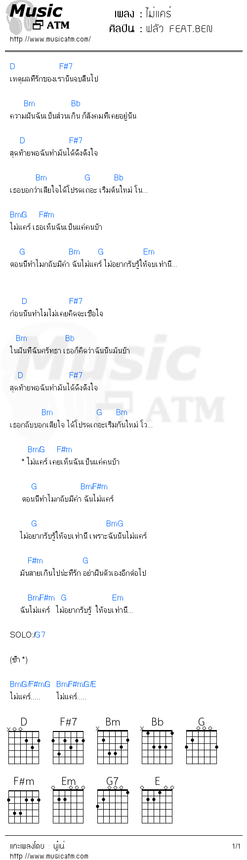 คอร์ดเพลง ไม่แคร์ 