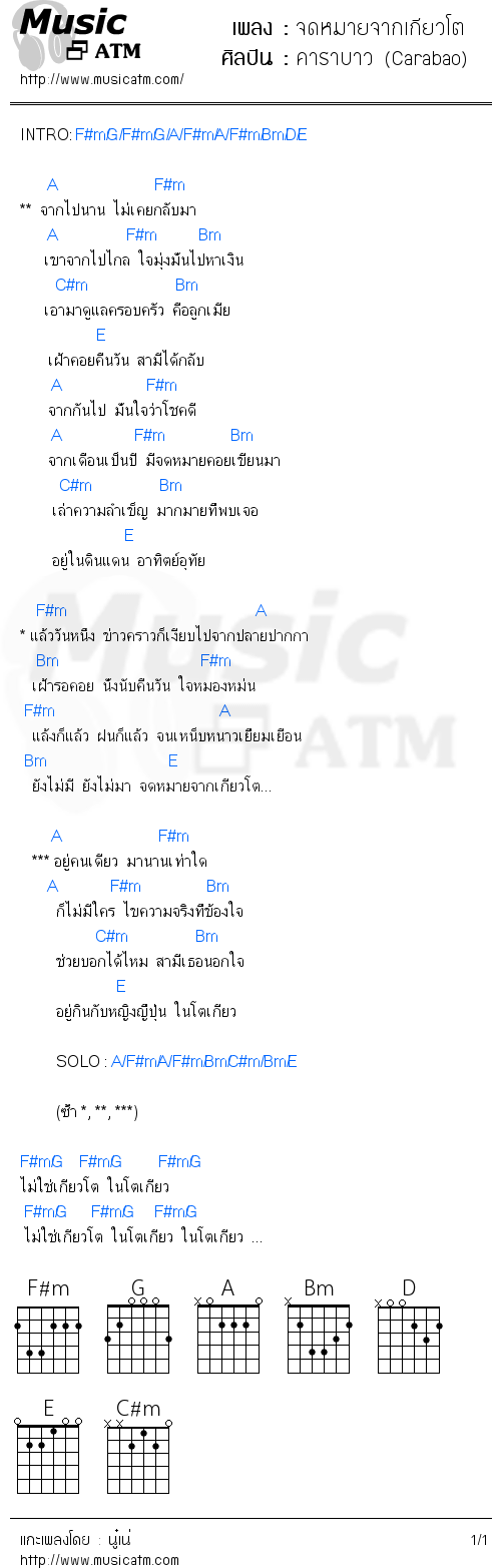 คอร์ดเพลง จดหมายจากเกียวโต