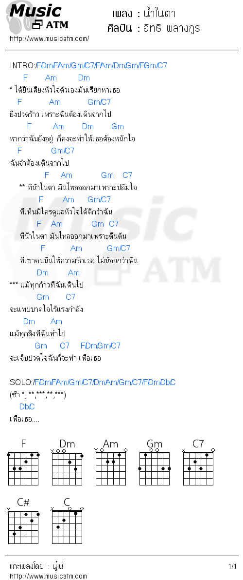 คอร์ดเพลง น้ำในตา - อิทธิ พลางกูร | คอร์ดเพลงใหม่