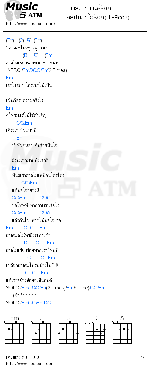 คอร์ดเพลง พันธุ์ร็อก