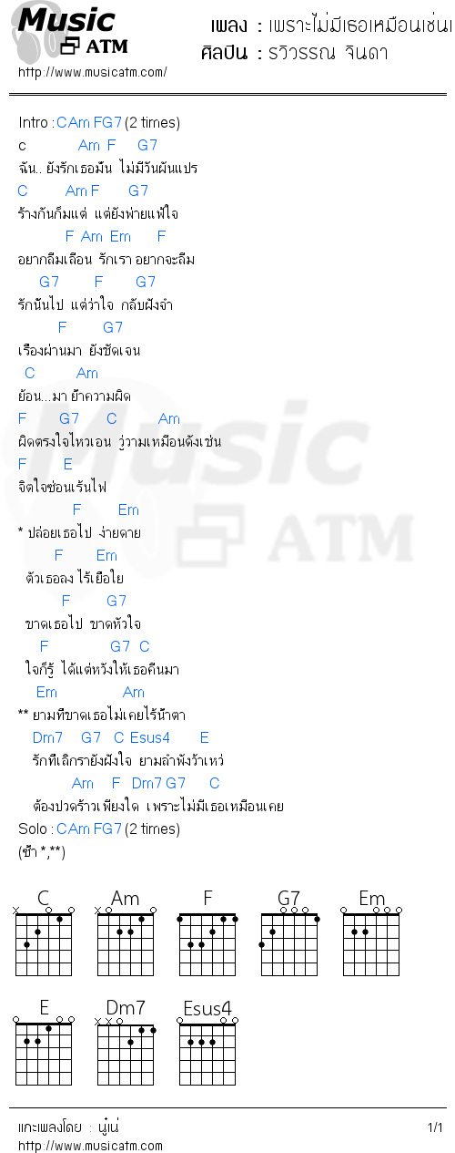 คอร์ดเพลง เพราะไม่มีเธอเหมือนเช่นเคย