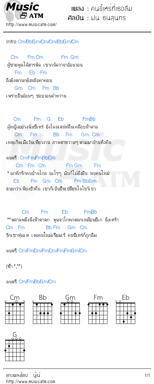 คอร์ดเพลง คนขี้เหร่ที่เธอลืม - ฝน ธนสุนทร | คอร์ดเพลงใหม่