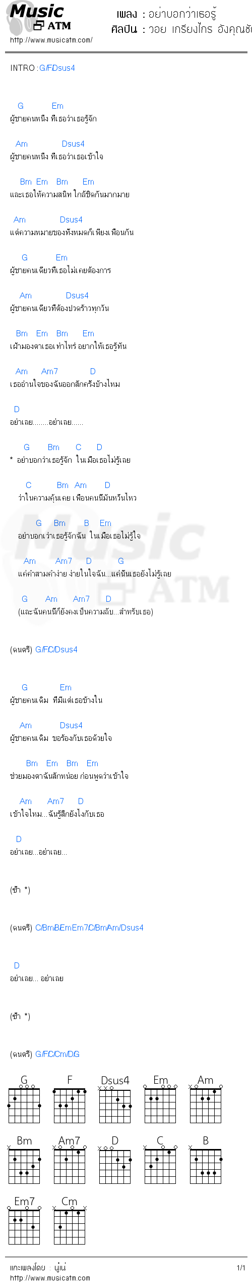 คอร์ดเพลง อย่าบอกว่าเธอรู้