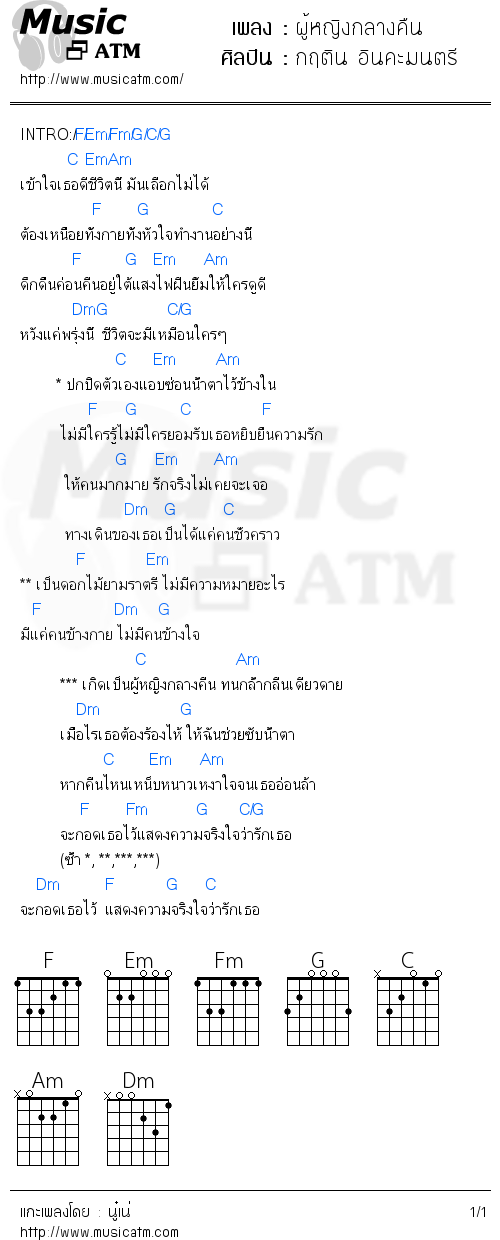 คอร์ดเพลง ผู้หญิงกลางคืน - กฤติน อินคะมนตรี | คอร์ดเพลงใหม่