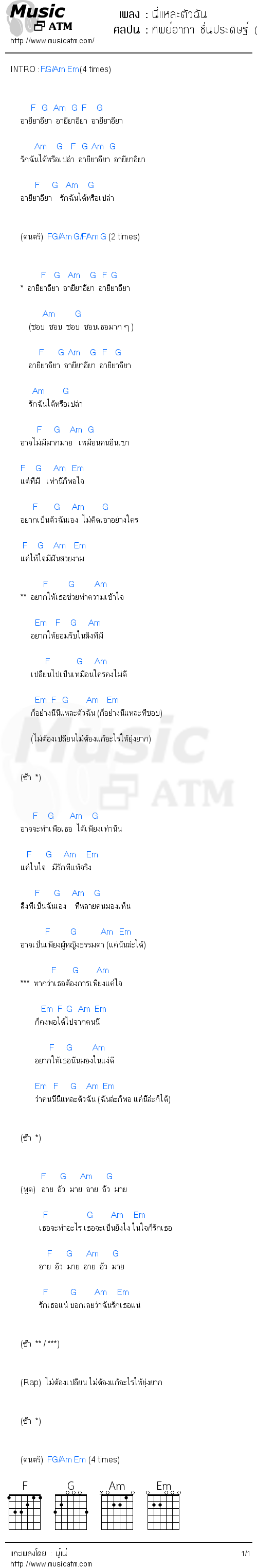 คอร์ดเพลง นี่แหละตัวฉัน - ทิพย์อาภา ชื่นประดิษฐ์ (โน๊ต) | คอร์ดเพลงใหม่