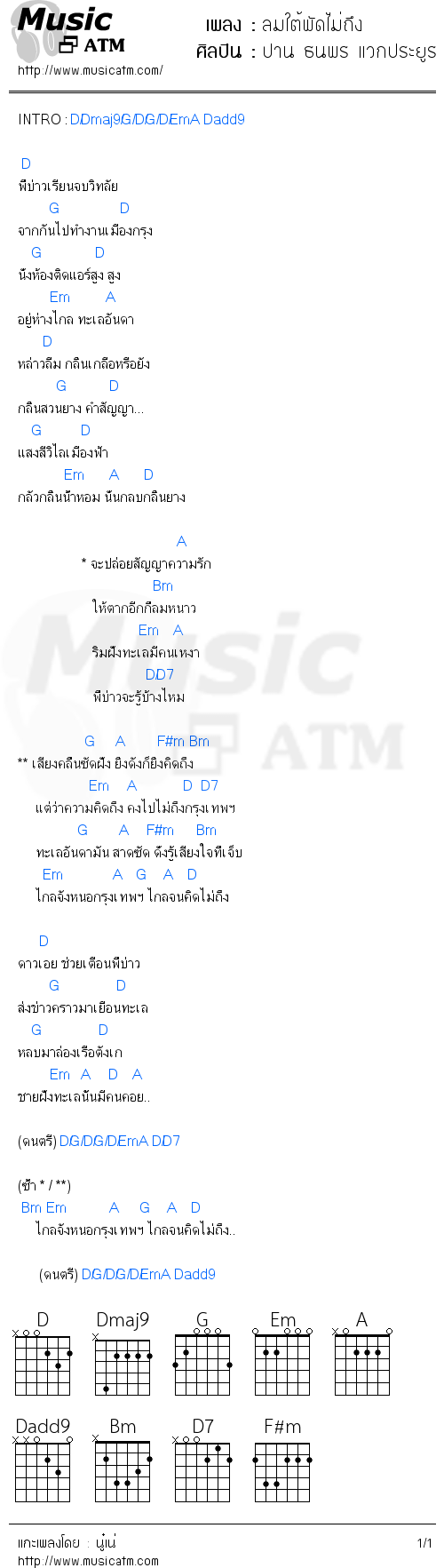 คอร์ดเพลง ลมใต้พัดไม่ถึง