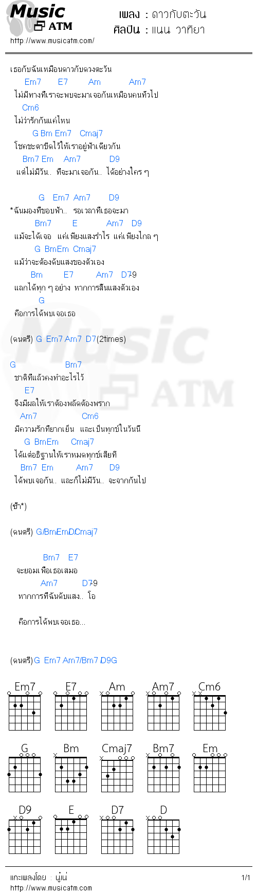 คอร์ดเพลง ดาวกับตะวัน - แนน วาทิยา | คอร์ดเพลงใหม่