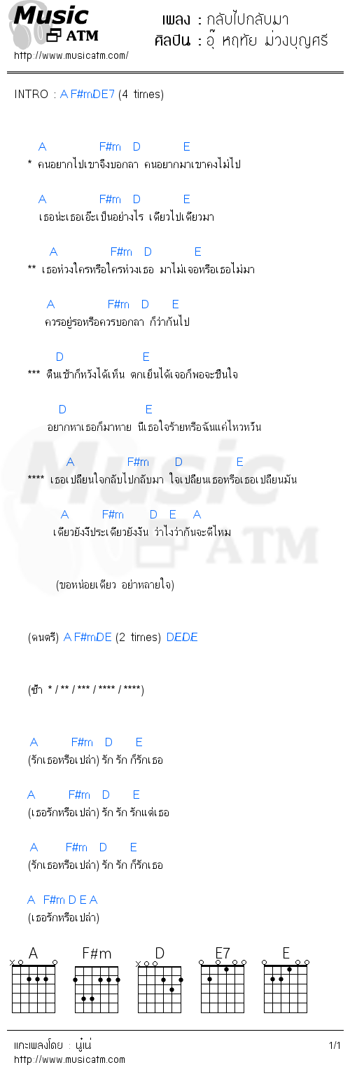 คอร์ดเพลง กลับไปกลับมา