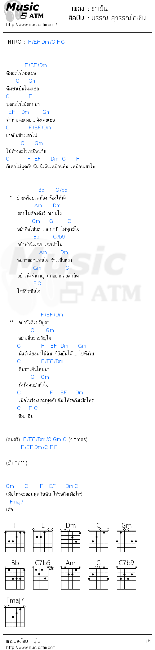 คอร์ดเพลง ชาเย็น