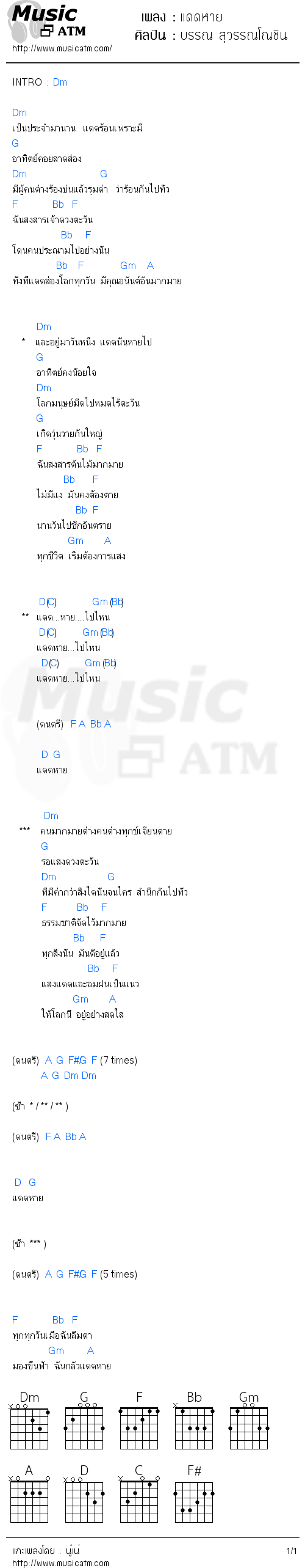 คอร์ดเพลง แดดหาย