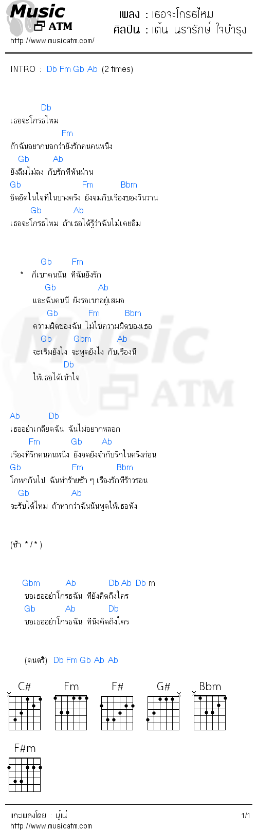 คอร์ดเพลง เธอจะโกรธไหม