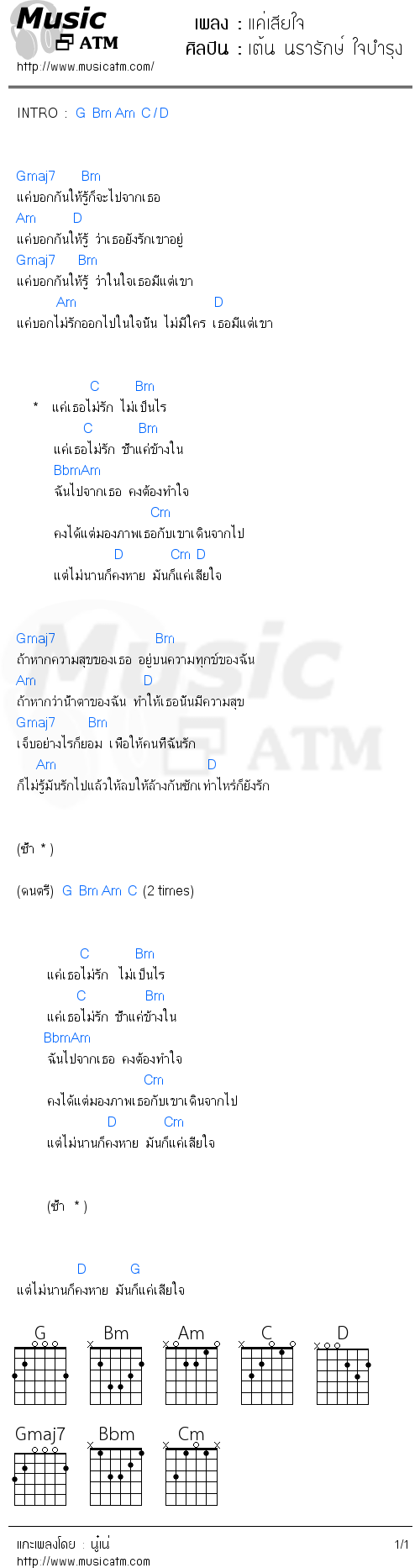 คอร์ดเพลง แค่เสียใจ