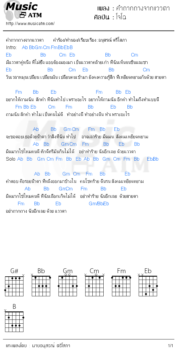 คอร์ดเพลง คำถากถางจากแววตา