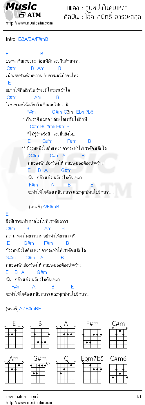 คอร์ดเพลง วูบหนึ่งในคืนเหงา - โอ๊ค สมิทธิ์ อารยะสกุล | คอร์ดเพลงใหม่