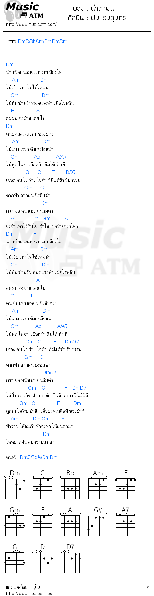 คอร์ดเพลง น้ำตาฝน - ฝน ธนสุนทร | คอร์ดเพลงใหม่