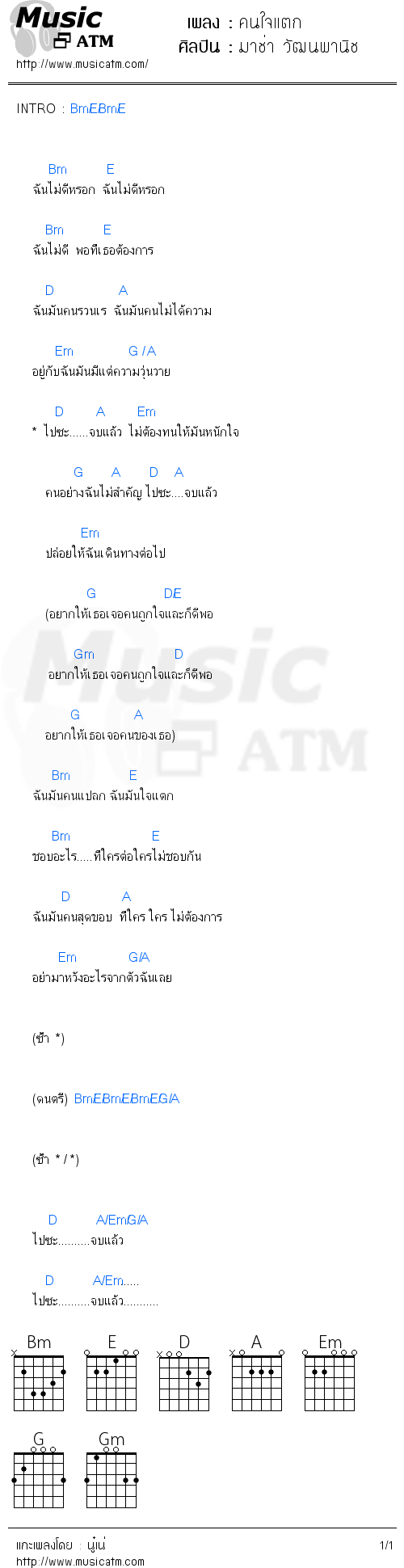 คอร์ดเพลง คนใจแตก