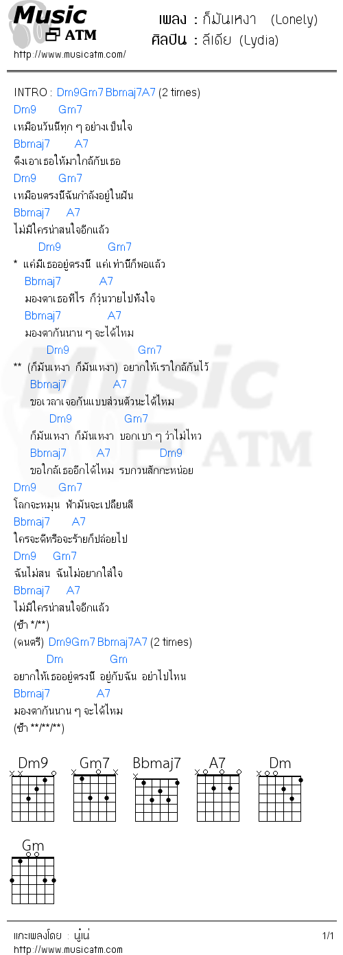 คอร์ดเพลง ก็มันเหงา  (Lonely)