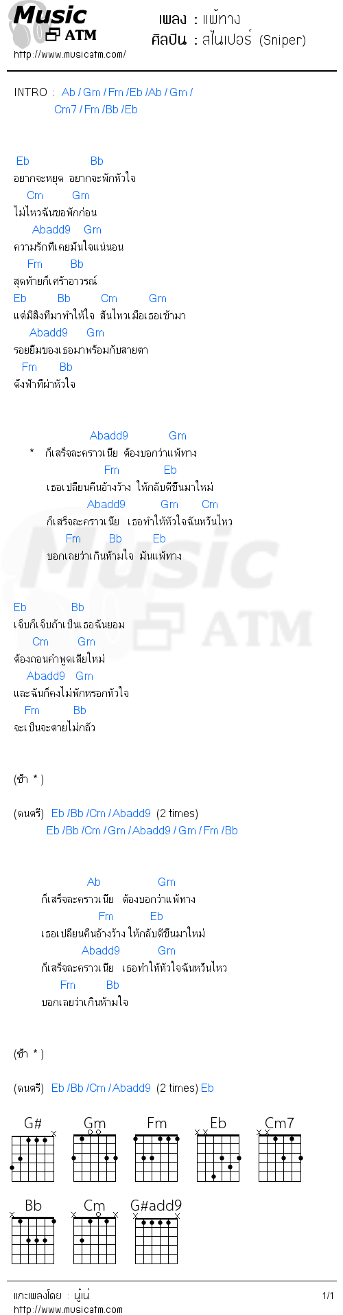 คอร์ดเพลง แพ้ทาง