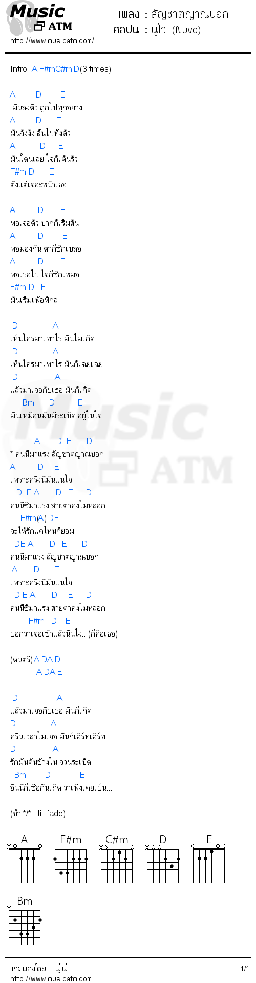 คอร์ดเพลง สัญชาตญาณบอก - นูโว (Nuvo) | คอร์ดเพลงใหม่