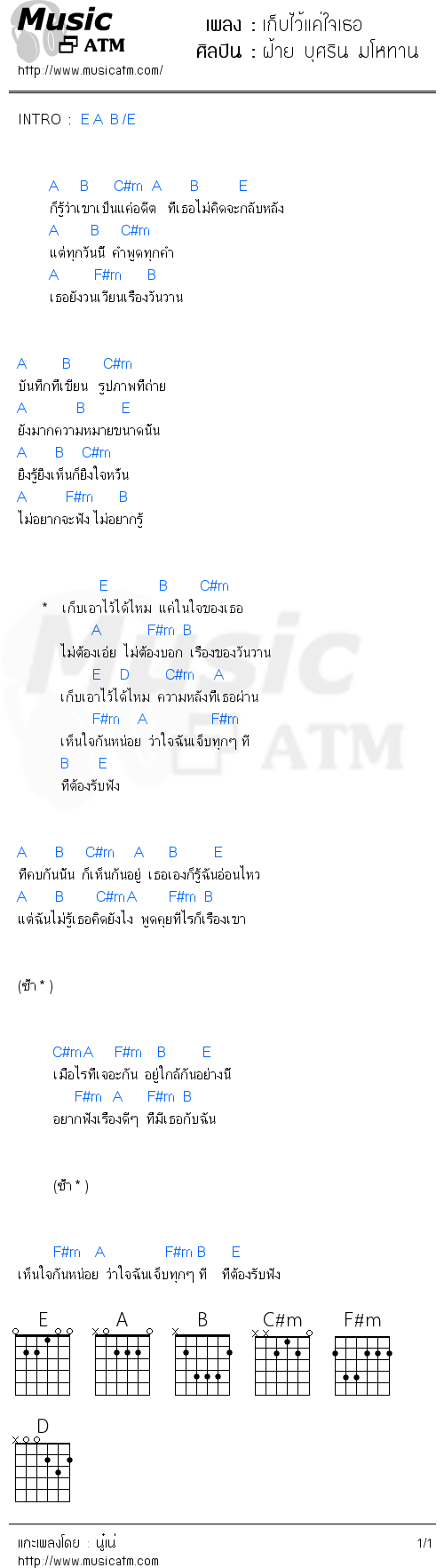 คอร์ดเพลง เก็บไว้แค่ใจเธอ