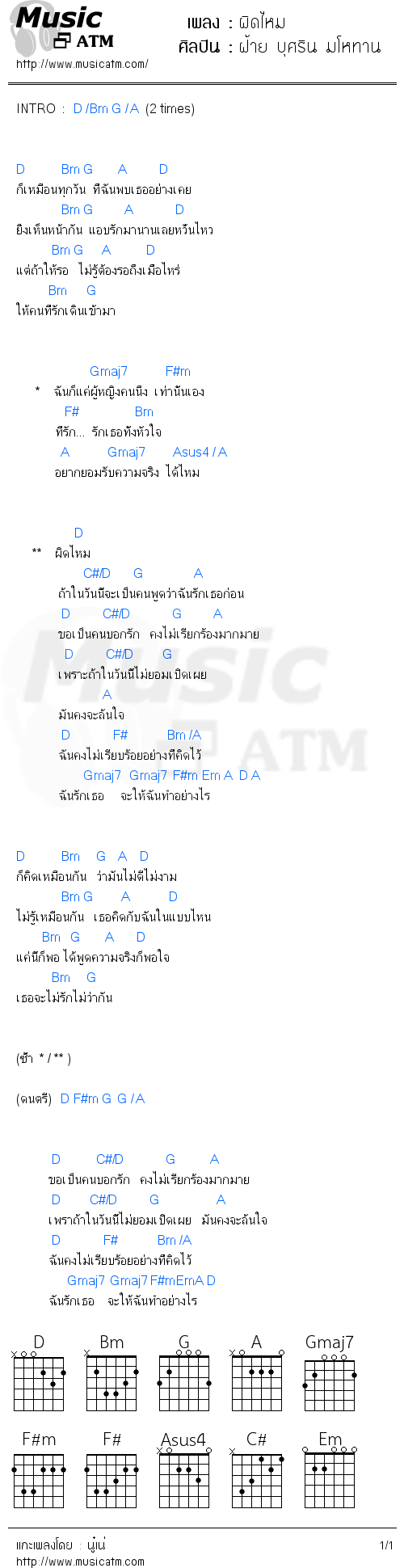 คอร์ดเพลง ผิดไหม - ฝ้าย บุศริน มโหทาน | คอร์ดเพลงใหม่