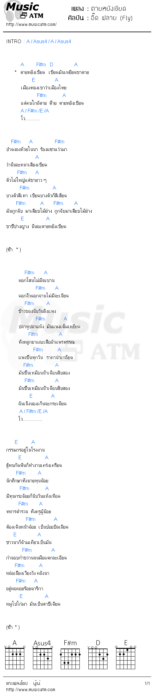 คอร์ดเพลง ตายหยังเขียด - อี๊ด ฟลาย (Fly) | คอร์ดเพลงใหม่