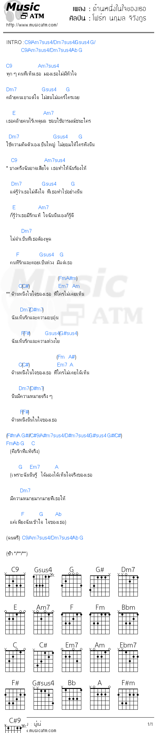 คอร์ดเพลง ด้านหนึ่งในใจของเธอ