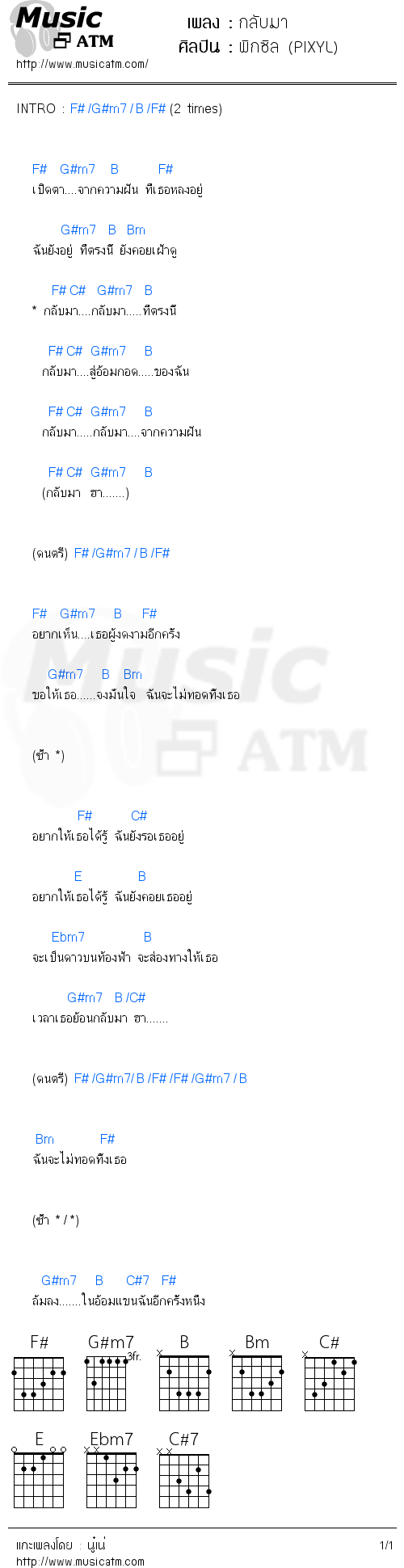 คอร์ดเพลง กลับมา