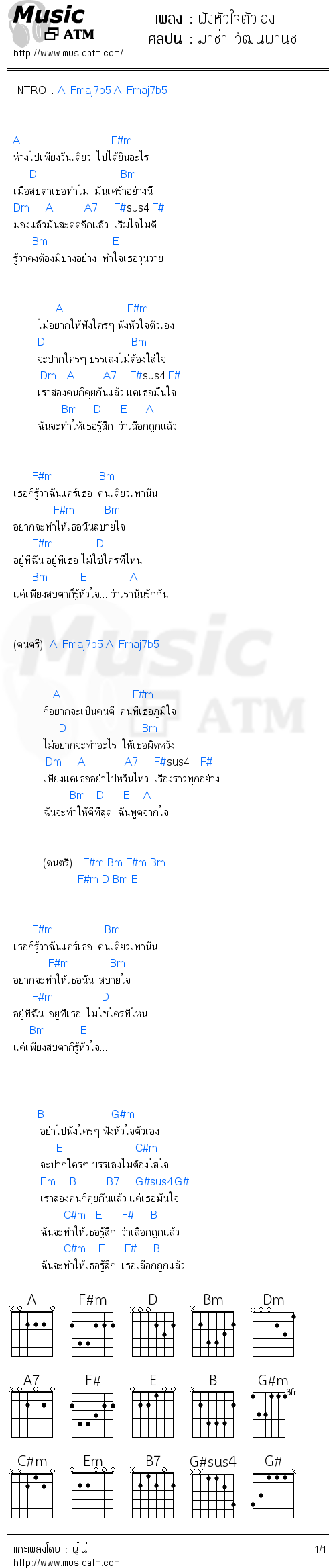 คอร์ดเพลง ฟังหัวใจตัวเอง - มาช่า วัฒนพานิช | คอร์ดเพลงใหม่