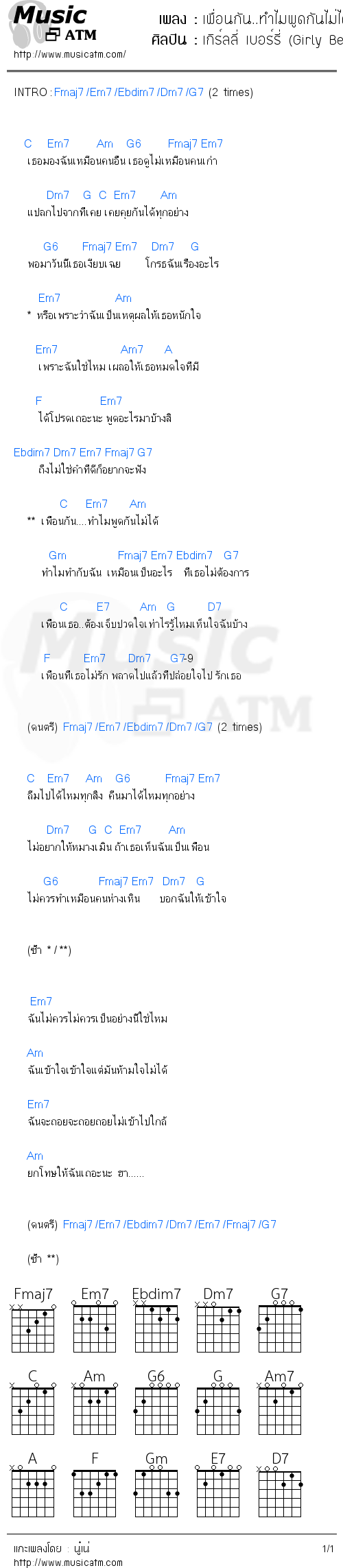 คอร์ดเพลง เพื่อนกัน..ทำไมพูดกันไม่ได้